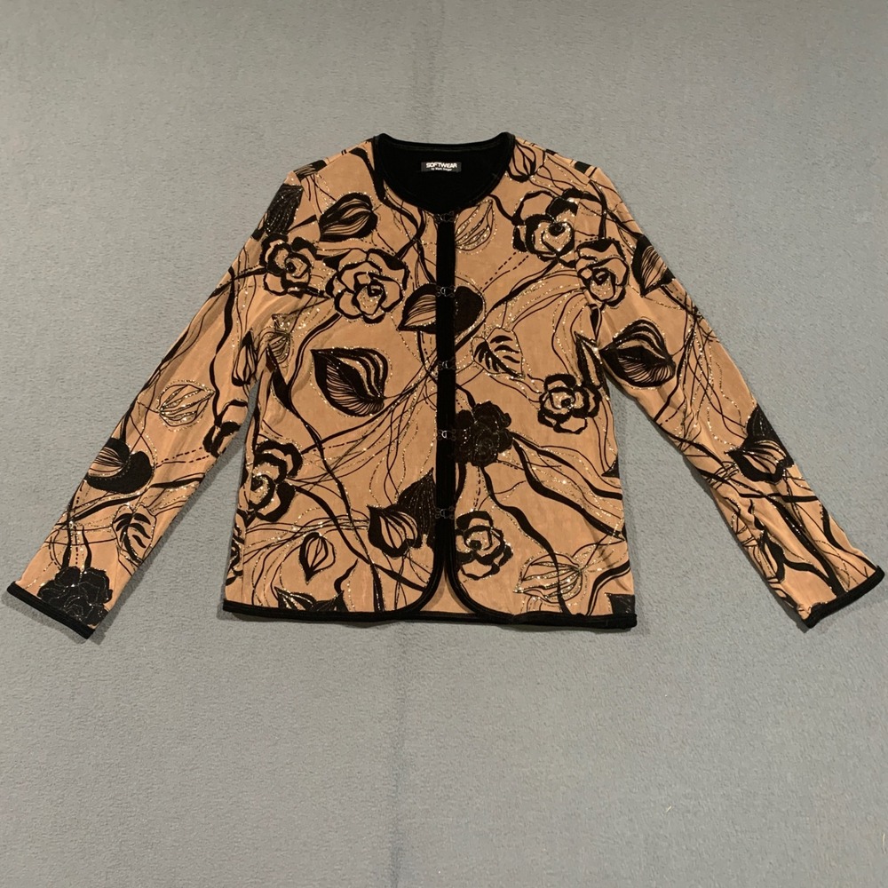 Softwear by Mark Singer Tan‎ Black Floral Glitter Velvet Trim Cardigan Jacket L